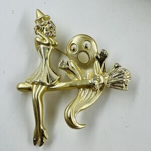 AJC Coquette Witch And Ghost Gold tone Brooch Vintage Halloween Pin Whimsical